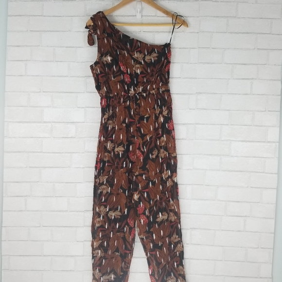 Anthropologie Sz 2 Maeve Kyoto Metallic Floral Jumpsuit Brown One Shoulder Crepe - Picture 10 of 12
